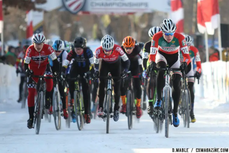 Denzel Stephenson got the holeshot. 2017 Cyclocross National Championships, Junior Men 17-18. © D. Mable / Cyclocross Magazine