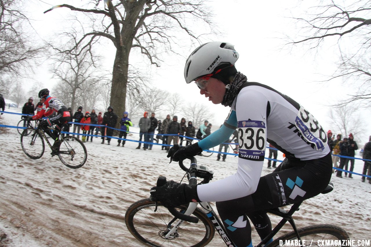 Dillon McNeil (Trek Cyclocross Collective) chases the lead three while spectators cheer. © D. Mable / Cyclocross Magazine