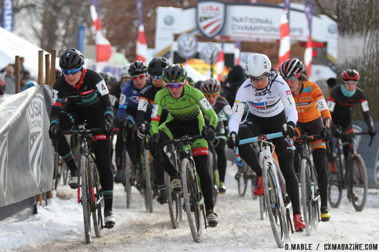 The final three, Elle Anderson, Katie Compton, and Kaitlin Antonneau, duke it out for the holeshot. © D. Mable / Cyclocross Magazine