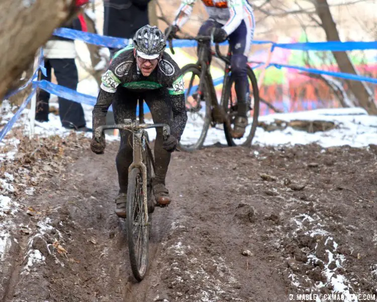 Gunnar Shogren, the legend, racing his tubeless tires to fourth after struggling on the off-camber after the run-up. 2017 Cyclocross National Championships, Masters Men 55-59. © D. Mable / Cyclocross Magazine