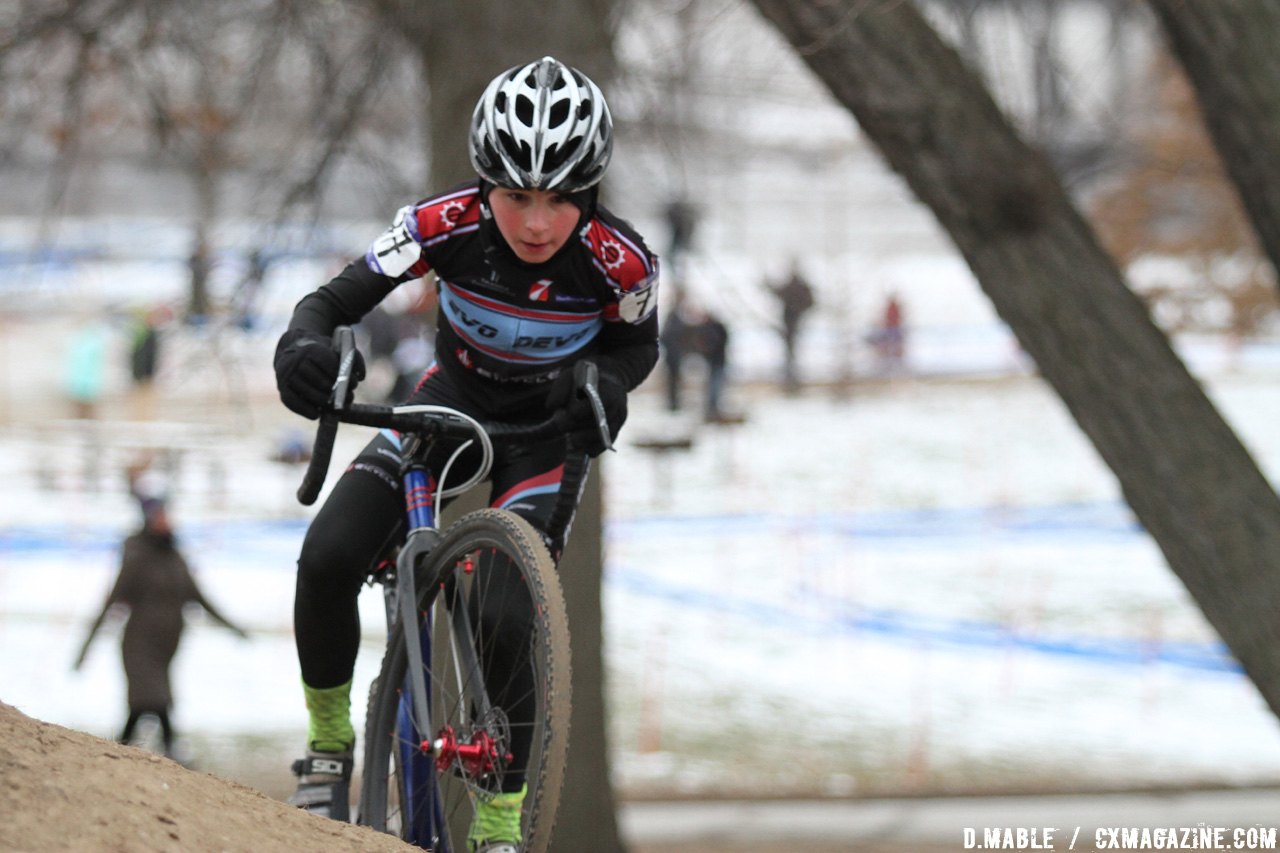 Wesley Haggstrom (Evolution Jr. Devo Team) tackles the off-camber. Haggstrom would finish in second place by 12 seconds. 2017 Cyclocross National Championship Junior Men 11-12. © D. Mable / Cyclocross Magazine