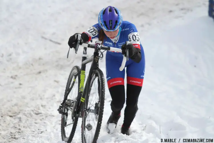 Hannah Finchamp (UCI MTB: Clif Pro Team) trudged through the fresh snow, moving into third in the final half of the race. 2017 Cyclocross National Championships, Women U23. © D. Mable / Cyclocross Magazine