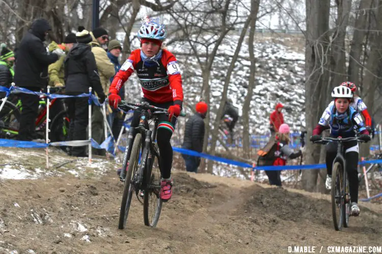 Haydn Hludzinski leads her good friend Kaya Musgrave. 2017 Cyclocross National Championships, Junior Women 11-12. © D. Mable / Cyclocross Magazine