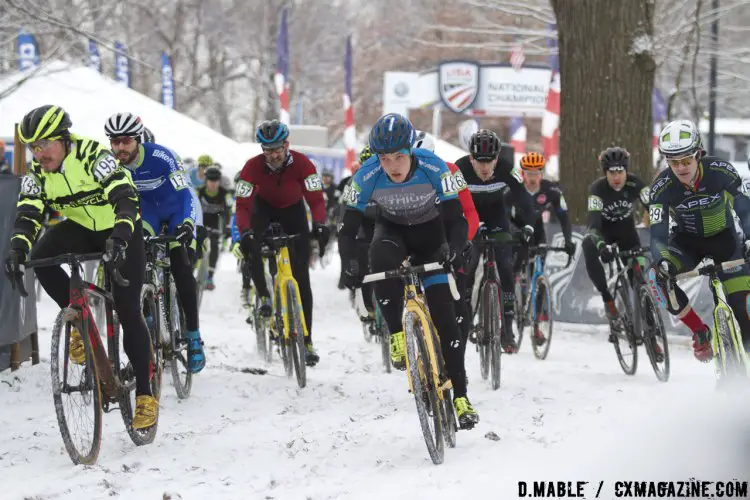 Michael Larson (Velo Reno P/B Western Lithium) leading the pack early. 2017 Cyclocross National Championships Masters Men 30-34. © D. Mable / Cyclocross Magazine