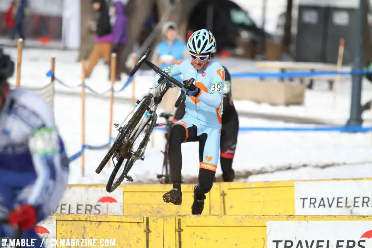 Daniel Dombroski (Amy D. Foundation) over the barriers. 2017 Cyclocross National Championships Masters Men 35-39. © D. Mable / Cyclocross Magazine