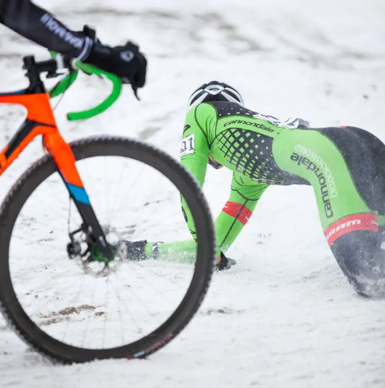 Curtis White had a tough afternoon including this crash. 2017 Cyclocross National Championships © D. Perker / Cyclocross Magazine