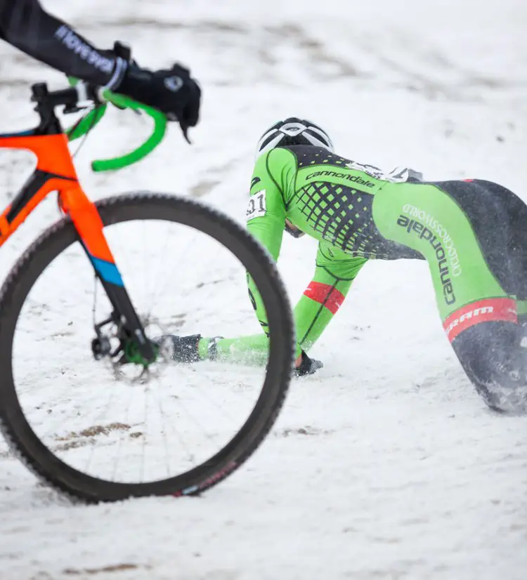 Curtis White had a tough afternoon including this crash. 2017 Cyclocross National Championships, © D. Perker / Cyclocross Magazine
