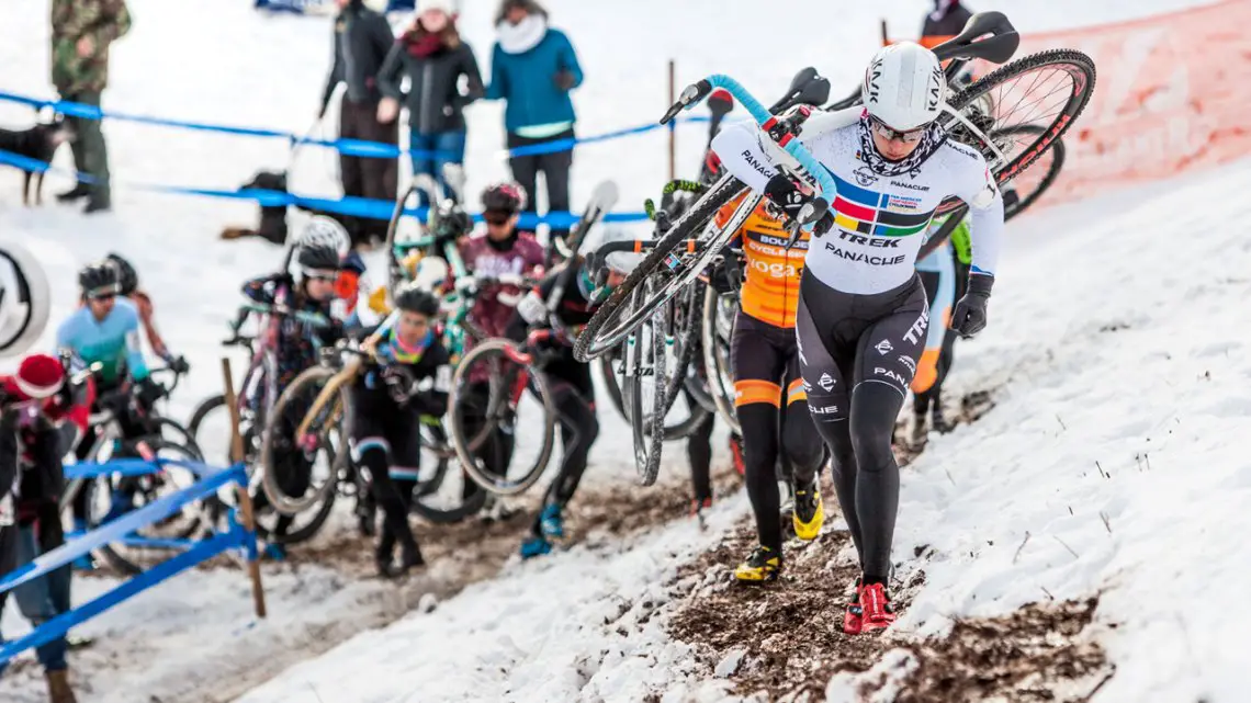 Katie Compton is leading up the Bonkbreaker Hill on the first lap. 2017 Cyclocross National Championships. © D. Perker / Cyclocross Magazine