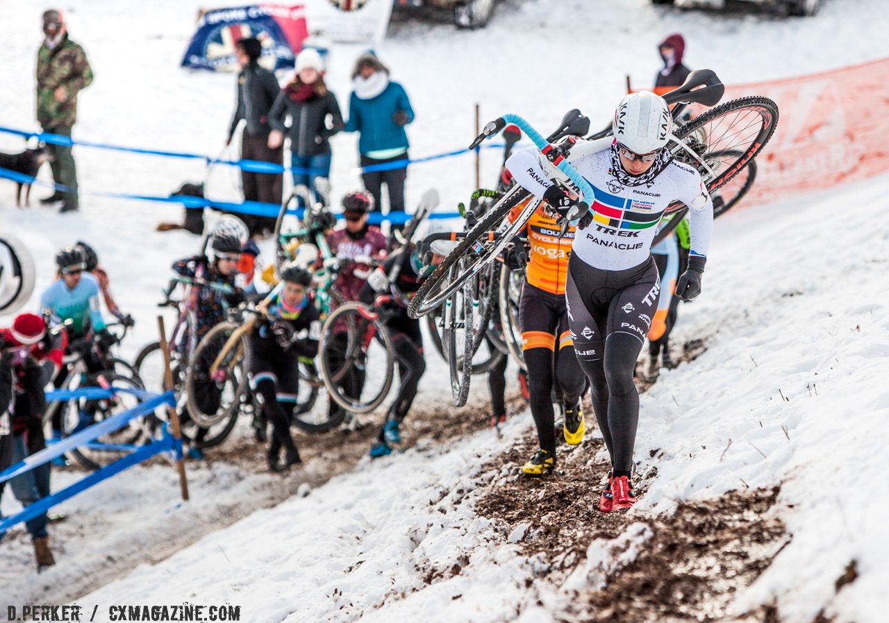 Katie Compton is leading up the Bonkbreaker Hill on the first lap. 2017 Cyclocross National Championships. © D. Perker / Cyclocross Magazine