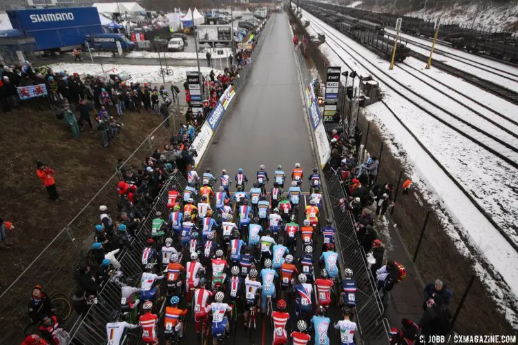 The start of the Junior Men - 2017 UCI Cyclocross World Championships, Bieles, Luxembourg. © C. Jobb / Cyclocross Magazine