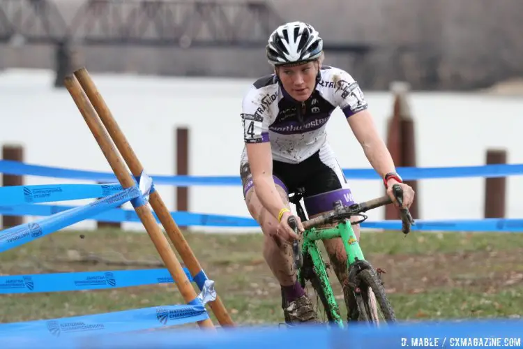 Northwestern's Lily Wiliams powered her way through the mud, into the lead, suffered a mechanical and finished on a pit bike to earn second. 2017 Cyclocross National Championships, Collegiate Club Women. © D. Mable / Cyclocross Magazine