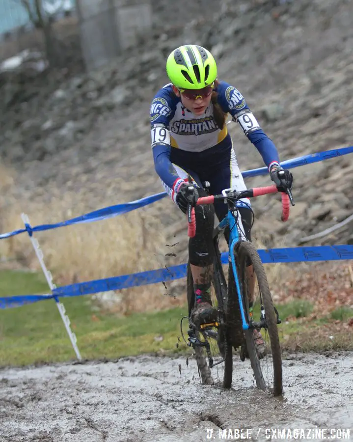 Emily Shields of UNC Greensboro finds sloppy conditions to her liking on her way to winning the 2017 Cyclocross National Championships, Collegiate Club Women. © D. Mable / Cyclocross Magazine