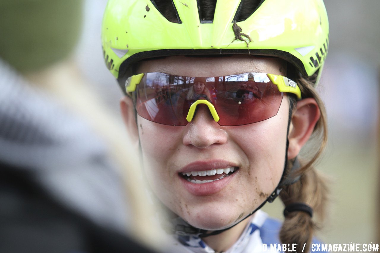 Emily Shields of the University of North Carolina Greenboro interviews with USA Cycling after her victory in the Women's Collegiate Club race. 2017 Cyclocross National Championships. ©D. Mable / Cyclocross Magazine