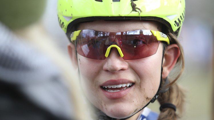 Emily Shields of the University of North Carolina Greenboro interviews with USA Cycling after her victory in the Women's Collegiate Club race. 2017 Cyclocross National Championships. ©D. Mable / Cyclocross Magazine