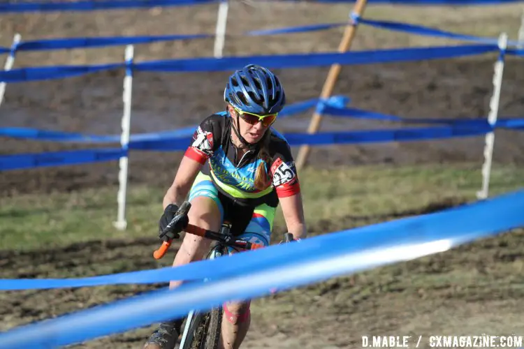 Weaving through the maze of blue tape, Christina Gokey-Smith led from early in the race to win the Women's 40-44 championship race. 2017 Cyclocross National Championships. ©D. Mable/Cyclocross Magazine