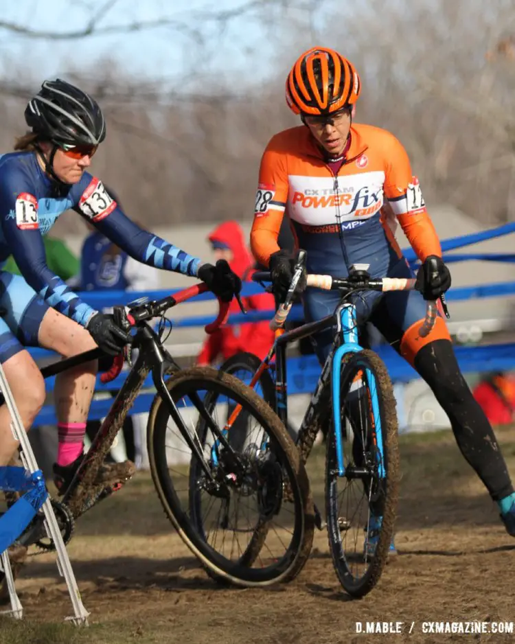 Jauron Vetter and Rebecca Ireland clash in a tight corner during the Women's 40-44 championship race on Thursday in Hartford. 2017 Cyclocross National Championships. ©D. Mable/Cyclocross Magazine