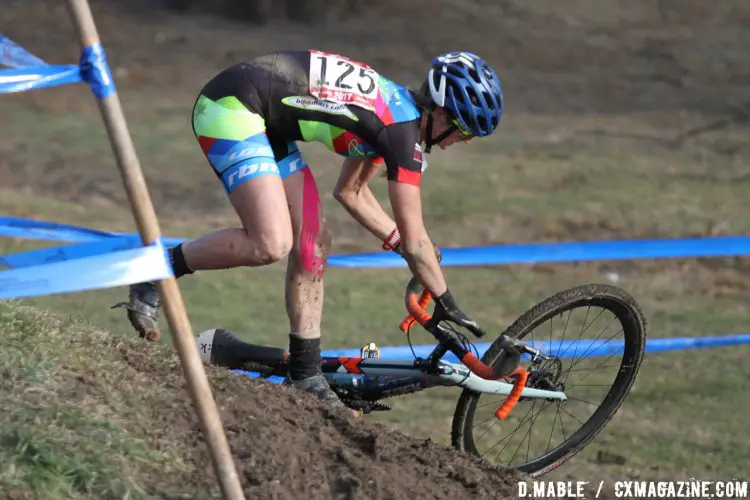 A rough off-camber corner gets the best of Christina Gokey-Smith on the second-to-last lap of the Women's 40-44 championship race. 2017 Cyclocross National Championships. ©D. Mable/Cyclocross Magazine