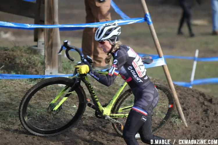 Melissa Barker of Colorado navigates a tough off-camber corner and finishes third in the Women's 40-44 championship race in Hartford, Conneticut. 2017 Cyclocross National Championships. ©D. Mable/Cyclocross Magazine