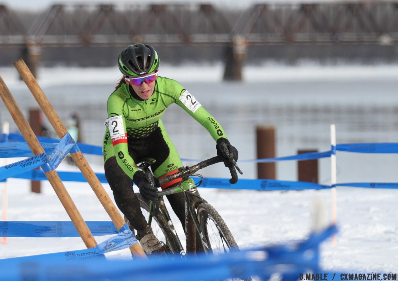 Katie Antonneau accelerates carefully in hot pursuit of Amanda Miller late in the race. 2017 Cyclocross National Championships © D. Mable / Cyclocross Magazine