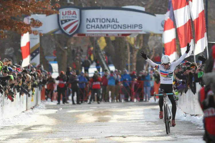 Katie Compton wins her lucky 13th Stars-and-Stripes jersey. © Cyclocross Magazine