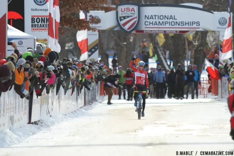 Large crowds greeted Lance Haidet across the line, winning the U23 Men's race. 2017 Cyclocross National Championships - U23 Men. © D. Mable / Cyclocross Magazine