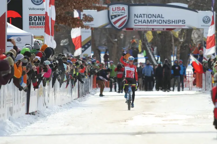 Large crowds greeted Lance Haidet across the line, winning the U23 Men's race. 2017 Cyclocross National Championships - U23 Men. © Cyclocross Magazine