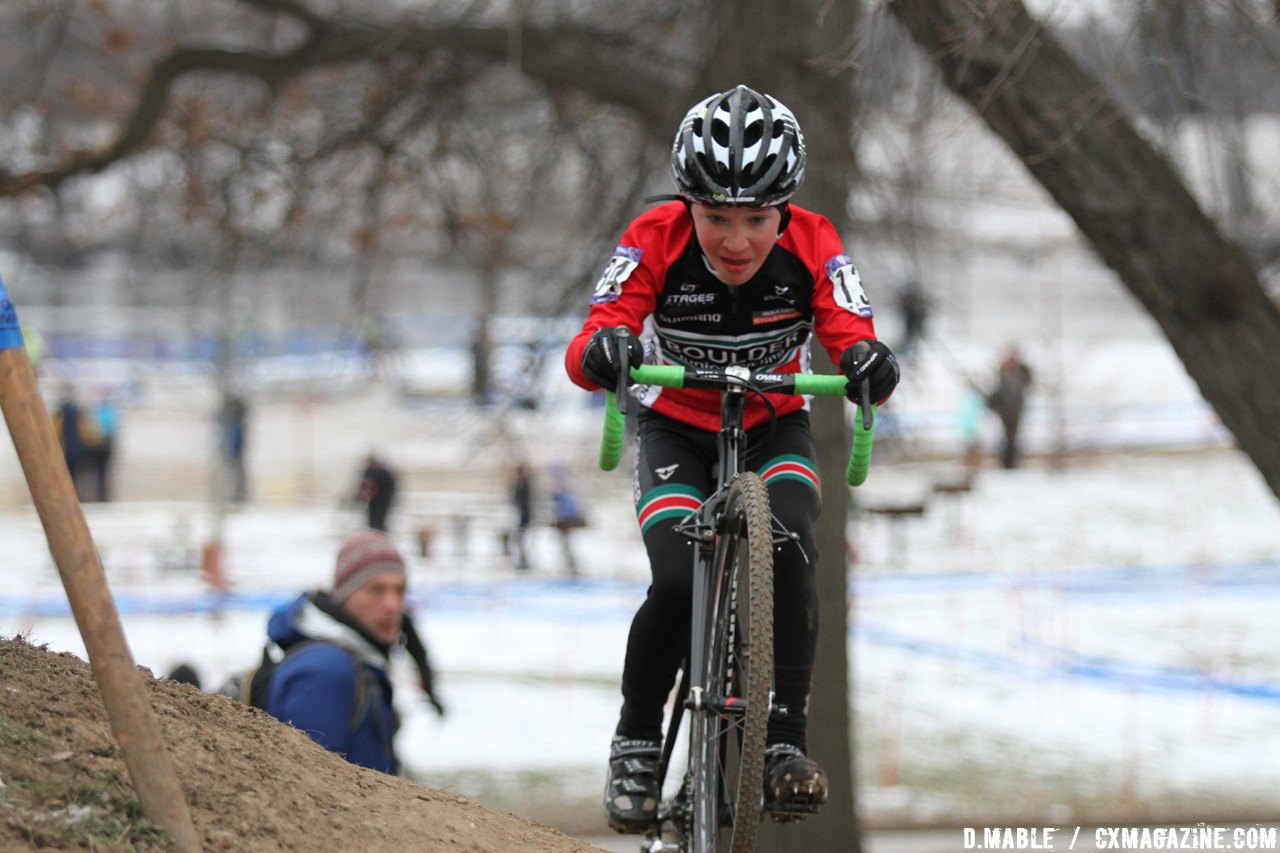 Magnus White (Boulder Junior Cycling) cleans the off-camber and would finish the race in third. 2017 Cyclocross National Championship Junior Men 11-12. © D. Mable / Cyclocross Magazine