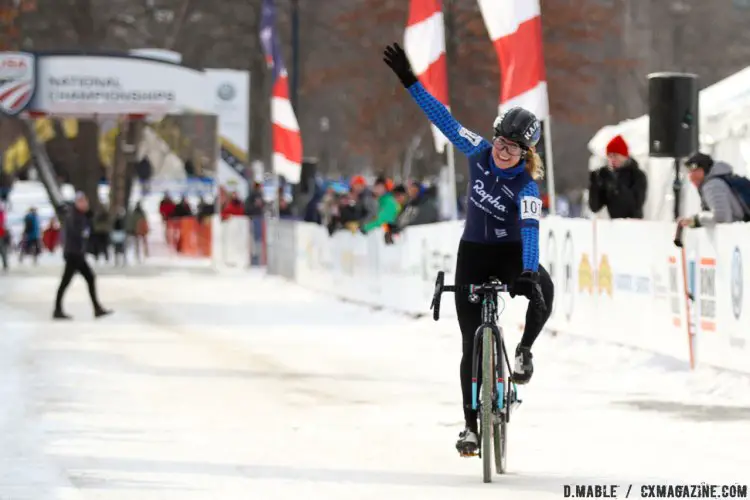 A triumphant and glee-filled win for young superstar Ellen Noble (Aspire Racing). 2017 Cyclocross National Championships, Women U23. © D. Mable / Cyclocross Magazine
