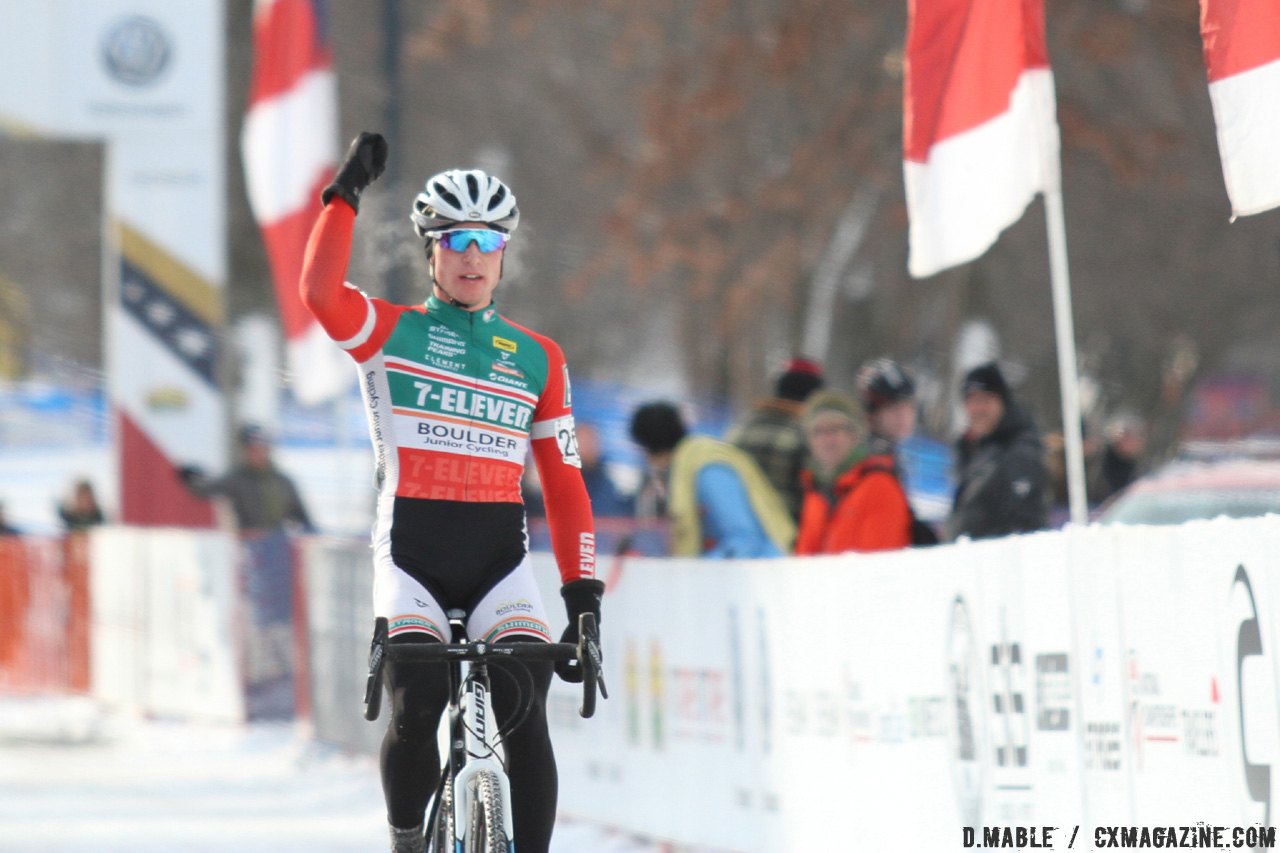 Denzel Stephenson has had a lot of chances to practice his victory salute this season. 2017 Cyclocross National Championships - Junior Men 17-18. © D. Mable / Cyclocross Magazine