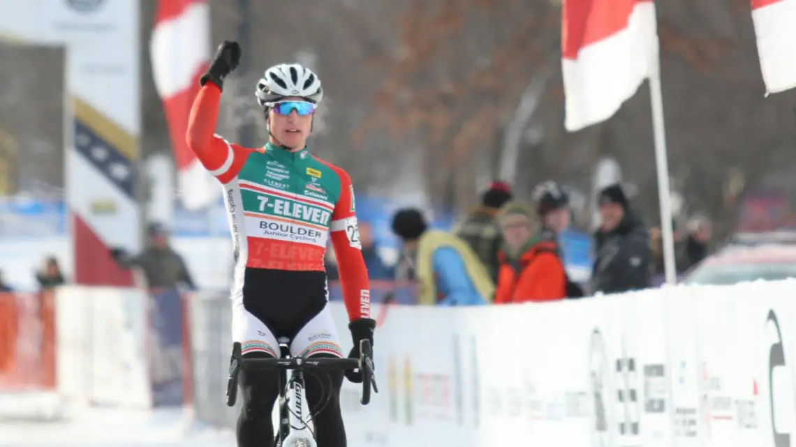 Denzel Stephenson has had a lot of chances to practice his victory salute this season. 2017 Cyclocross National Championships - Junior Men 17-18. © Cyclocross Magazine