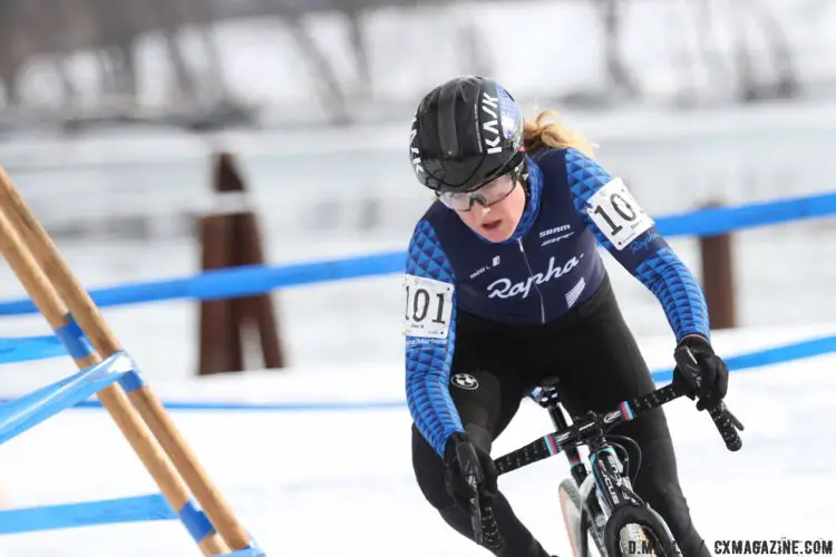 Though the river behind her is frozen, Ellen Noble brought the head to the Womens U23 race. 2017 Cyclocross National Championships, Women U23. © D. Mable / Cyclocross Magazine