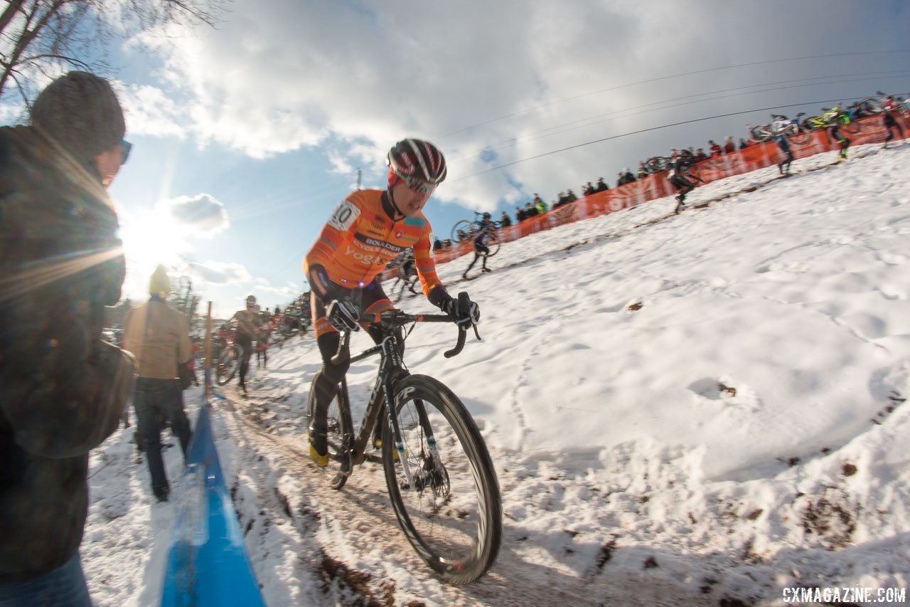 Allen Krughoff followed Yannick Eckmann's lead by taking the low line and riding it. 2017 Cyclocross National Championships, Elite Men. © A. Yee / Cyclocross Magazine