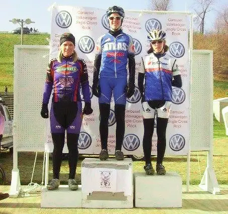 Amana Miller (middle) and Kaitie Antonneau (right) finished 1-2 in the Cat 4 race at Jingle Cross, and remained protected from any falls from the podiums steps. photo: courtesy