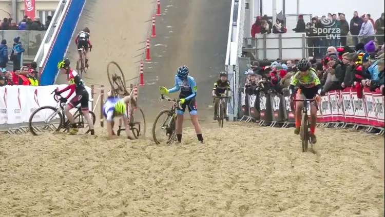 The giant flyover bridge dumped racers into this sand pit at high speed, and for some, the results were unpleasant to say the least.