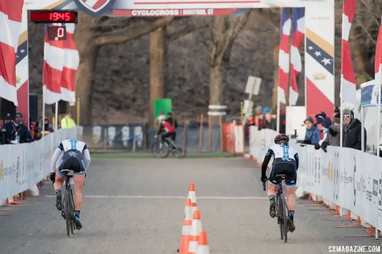 The Arensman sisters are practiced in riding side-by-side at speed. 2017 Cyclocross National Championships, Collegiate Relays. © A. Yee / Cyclocross Magazine
