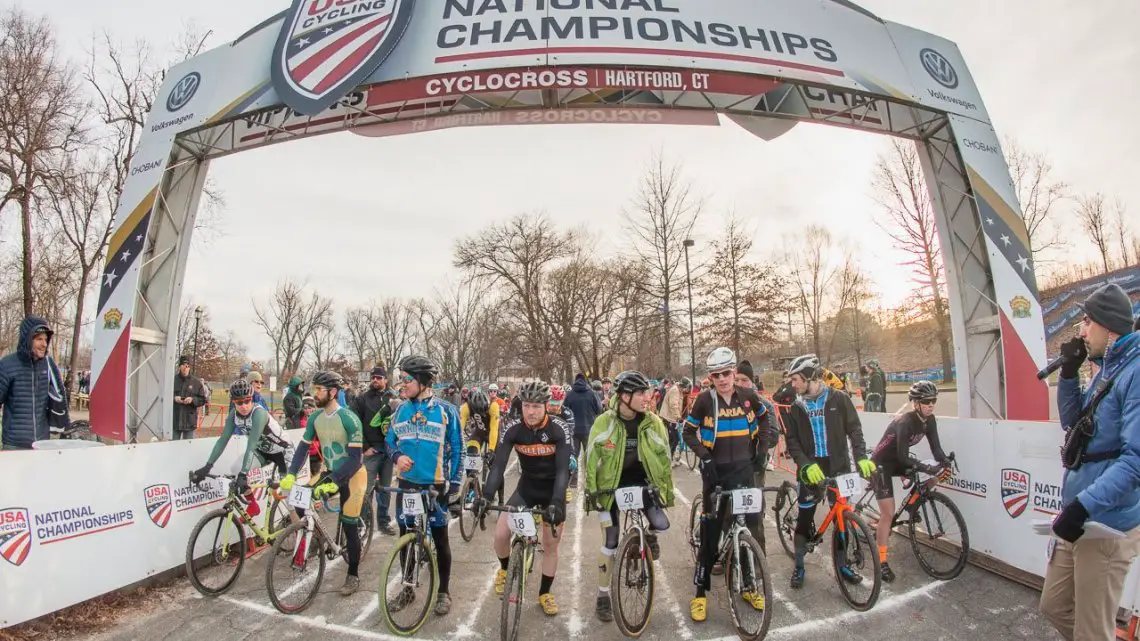 The start of the collegiate varsity relay. 2017 Cyclocross National Championships, Masters Men 65-69. © A. Yee / Cyclocross Magazine