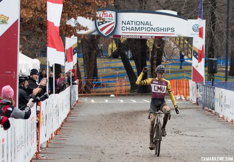 Brannan fix crosses the finish line in victory. 2017 Cyclocross Nationals, Varsity Collegiate Men. © A. Yee / Cyclocross Magazine