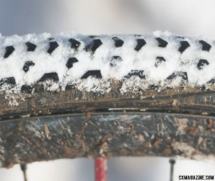 The Clement BOS provided Compton with rear wheel driving traction during the Elite Women's Championship race. The chevrons were pointing forward when viewing from above. Katie Compton's 13th National Championships-Winning 2017 Trek Boone cyclocross bike. © Cyclocross Magazine