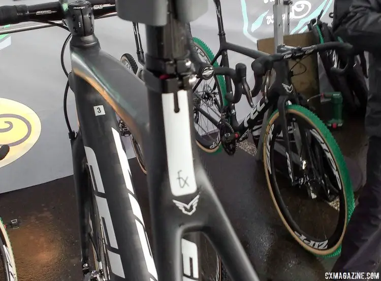 Wout van Aert's bikes before the start, with the green Michelin Mud bike hiding in the back. 2017 UCI Cyclocross World Championships, Bieles, Luxembourg. © Cyclocross Magazine