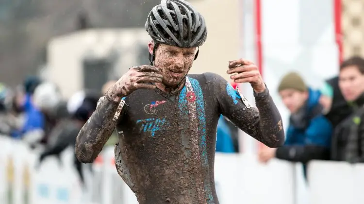 Jack Kisseberth attempts to regain feeling in his hands after a strong ride to finish second in the D2 Collegiate 2015 Cyclocross National Championships. © Cyclocross Magazine