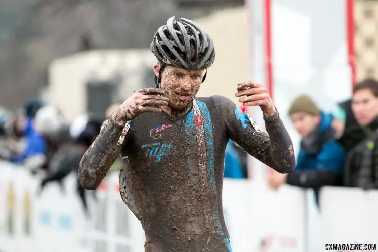 Jack Kisseberth attempts to regain feeling in his hands after a strong ride to finish second in the D2 Collegiate 2015 Cyclocross National Championships. © Cyclocross Magazine