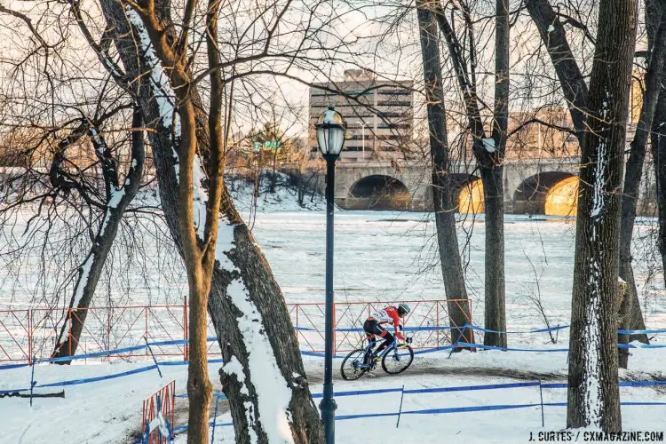 Over the course of the week, the river and course went from free-flowing to iced over, but Driscoll was still flowing by the end of Sunday. 2017 Cyclocross National Championships. Sunday, U23 Men, Elite Women, Elite Men. © J. Curtes / Cyclocross Magazine