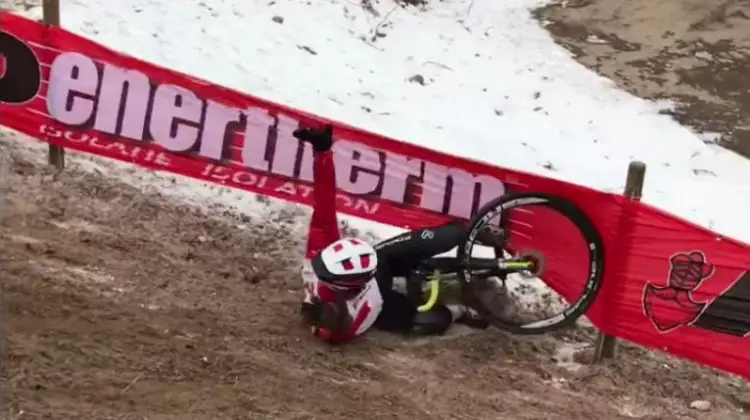 Jeremy Martin experiences the slip 'n slide at the 2017 Cyclocross World Championships in pre-ride.