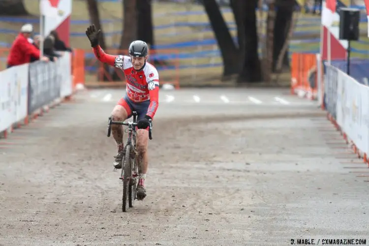 Schimd fearless on the flyover. 2017 Cyclocross National Championships, Masters Men 70+. © A. Yee / Cyclocross Magazine