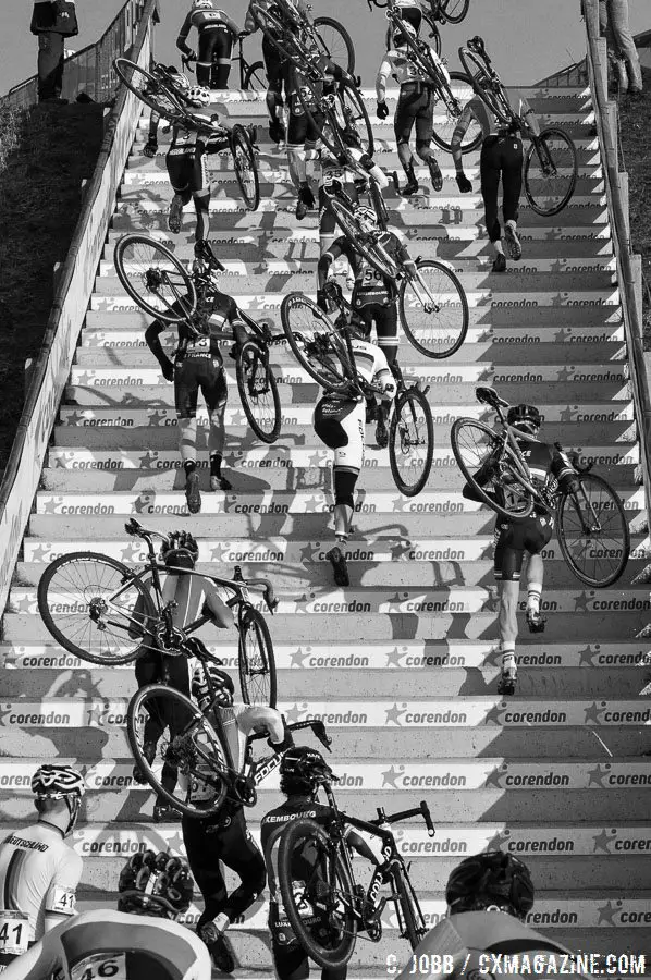 The Junior men tackle the infamous Stairway to Heaven. 2017 Hoogerheide UCI Cyclocross World Cup. © C. Jobb / Cyclocross Magazine