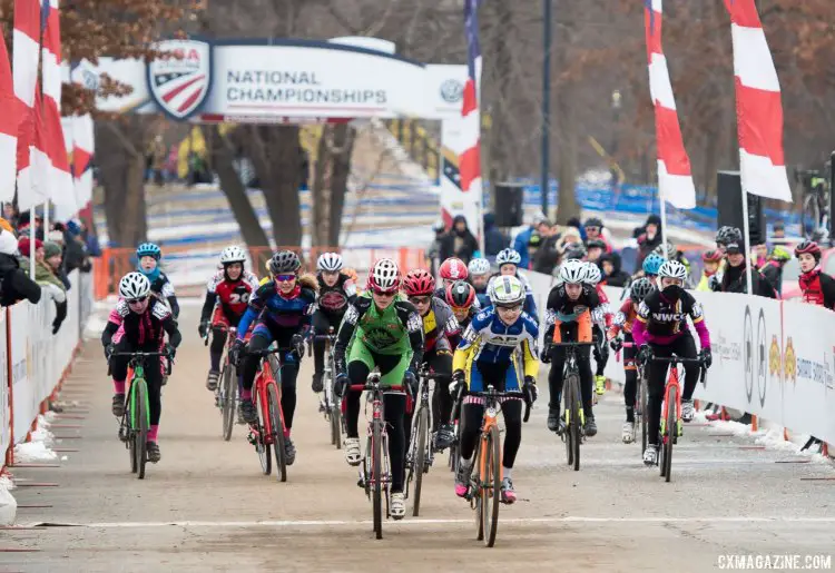 Lizzy Gunsalus got the holeshart. 2017 Cyclocross National Championships, Junior Women 13-14. © A. Yee / Cyclocross Magazine