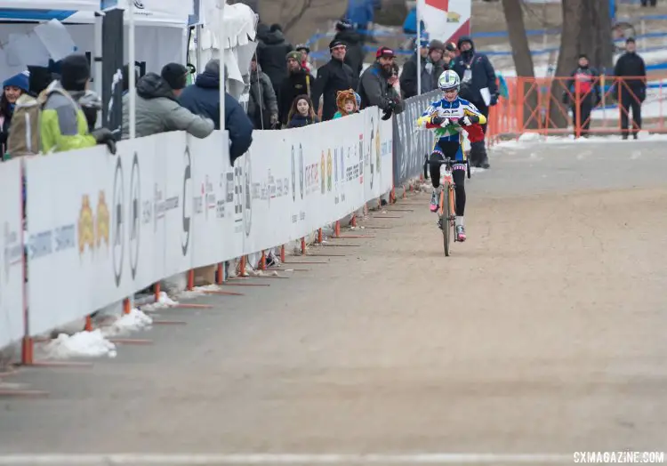 Lizzy Gunsalus with minor technical difficulties with her finish line celebration. 2017 Cyclocross National Championships, Junior Women 13-14. © A. Yee / Cyclocross Magazine