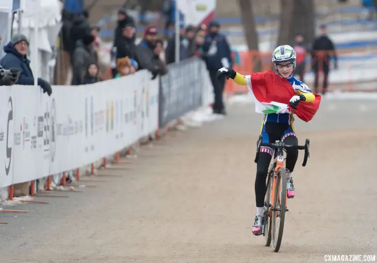 Lizzy Gunsalus with minor technical difficulties with her finish line celebration. 2017 Cyclocross National Championships, Junior Women 13-14. © A. Yee / Cyclocross Magazine