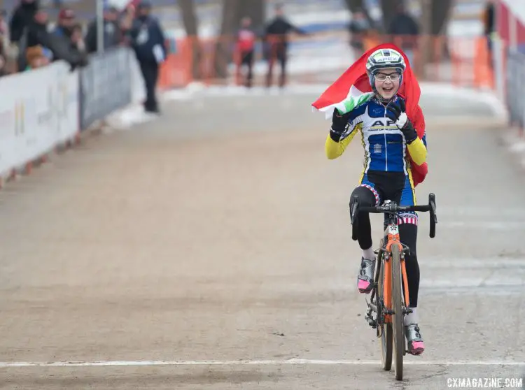 Lizzy Gunsalus with minor technical difficulties with her finish line celebration. 2017 Cyclocross National Championships, Junior Women 13-14. © A. Yee / Cyclocross Magazine