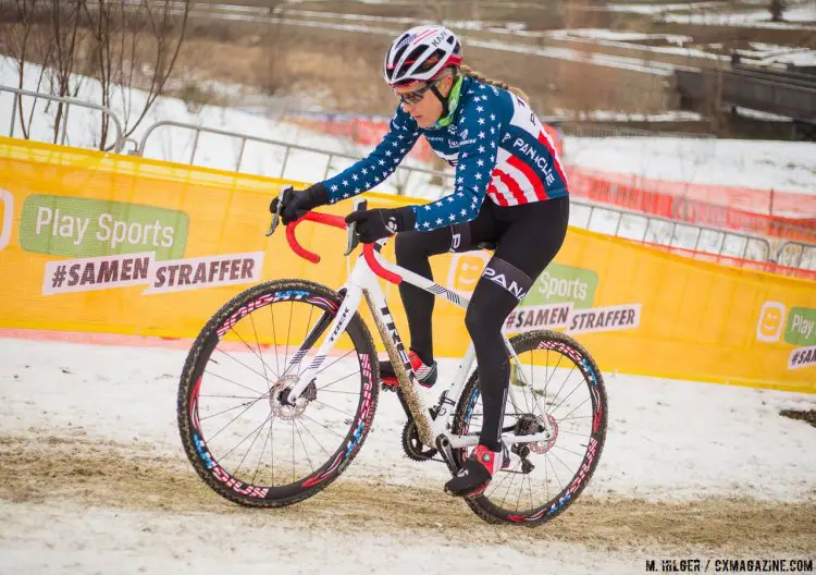 Katie Compton inspects the 2017 Worlds Course, searching for advantageous lines to use in her quest to take the top step at Worlds. © M. Hilger / Cyclocross Magazine.